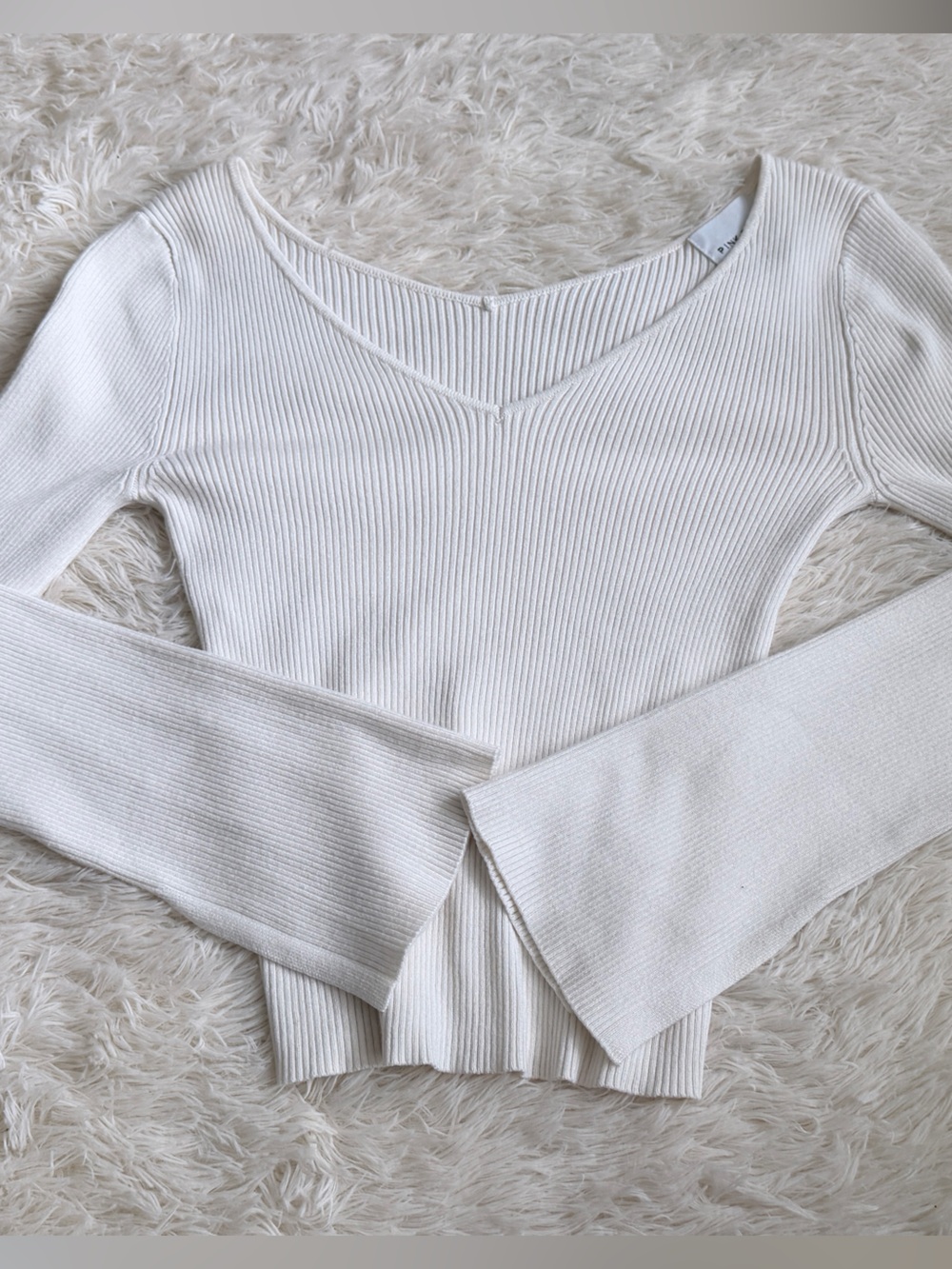 Pink Rose Cream Ribbed V-Neck Long Sleeve Top
